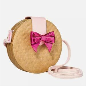 Juicy Couture Small Round Woven Straw Crossbody Purse Tan Pink Bow Bag